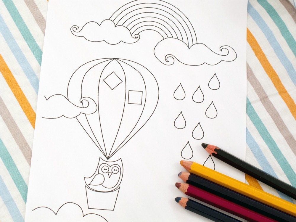 Printable colouring page - hot air balloon, owl, raincloud, rainbow 2 - downloadable PDF