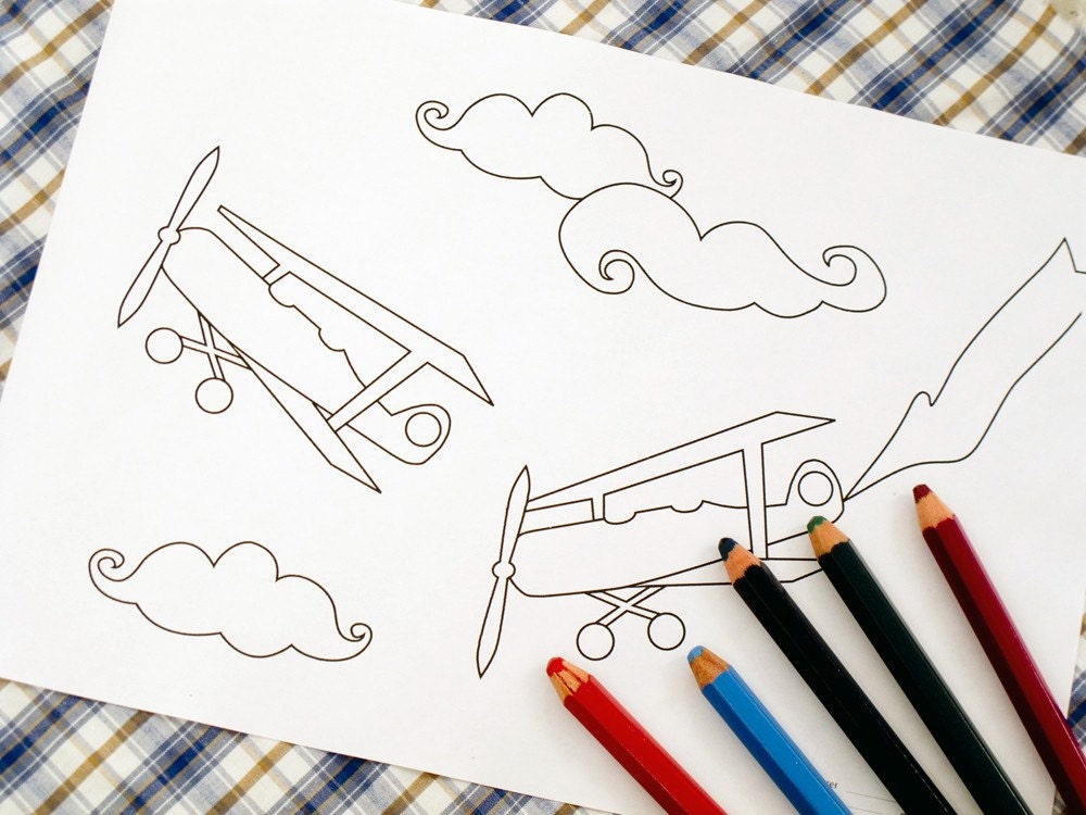 Printable colouring page - Vintage airplanes, clouds 2 - downloadable PDF