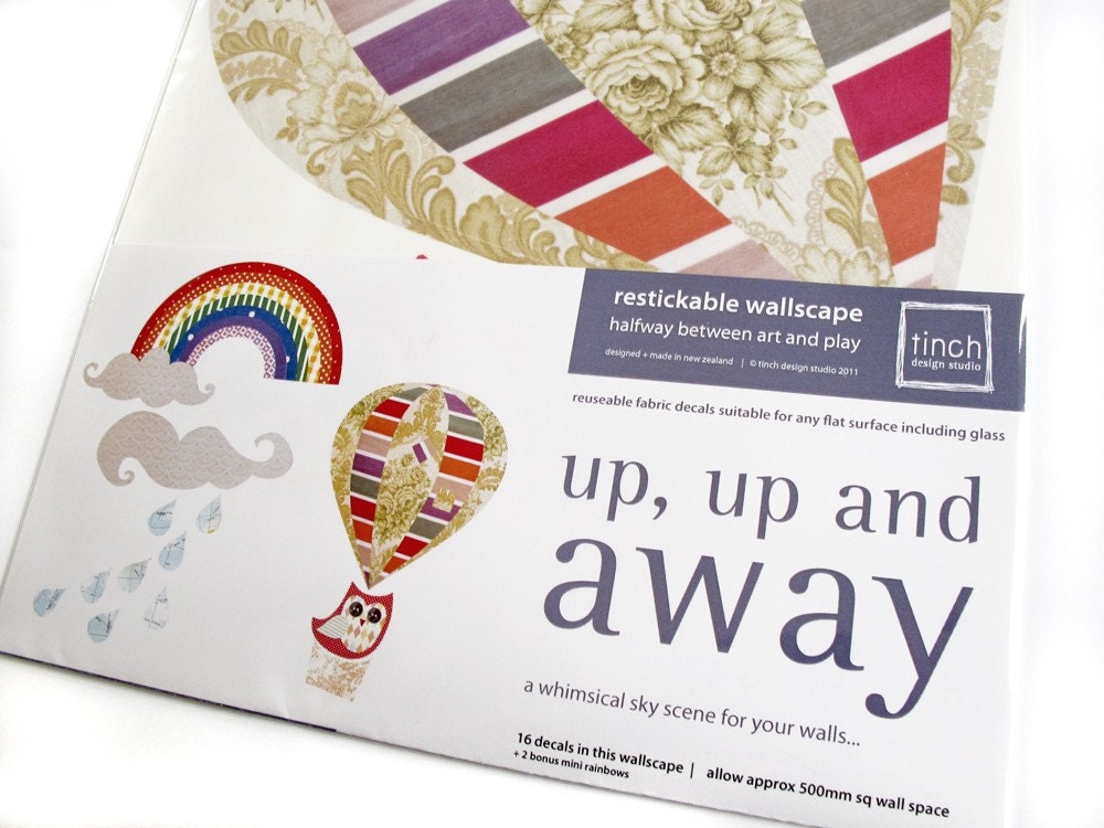 Up, Up & Away decals - reuseable fabric wall stickers, hot air balloon, owl, rainclouds