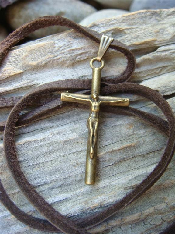 Brass Crucifix on Brown Deerskin Cord - 18" Necklace