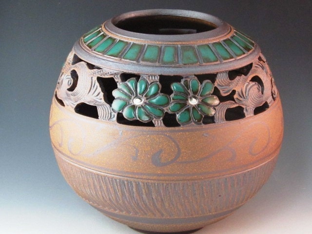 Beautiful Highly Decorated Vase With Green Flowers, Brushwork, Swirl Design, And Texturing
