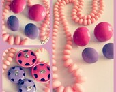 SALE Vtg Girls Just Want to Have Fun Lot - Candy Plastic Necklace - Lavender and Fuschia Studs