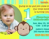 Adorable Modern Monkey Boy Custom Birthday Invitation, Photo Invitation, DIGITAL, Printable, Matching Thank You Card, Party Favors Available