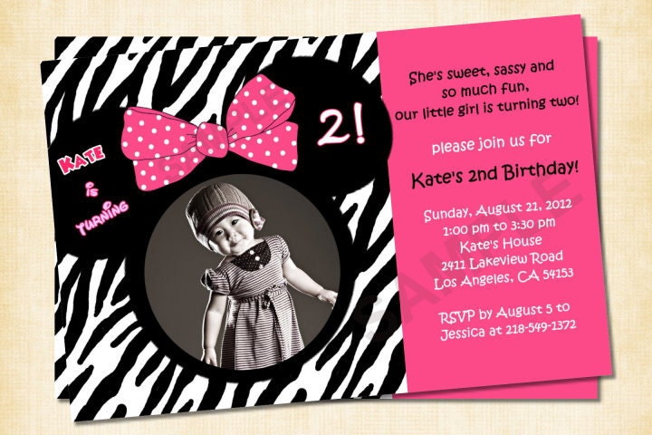 Cute Mouse Ears Zebra Print Birthday Invitation, Photo Invitation, Hot Pink, Zebra, Birthday, Thank You Card Available