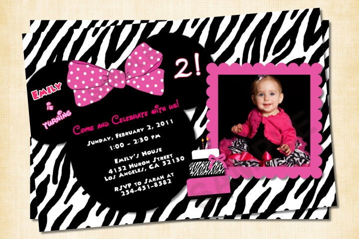 Cute Mouse Ears Zebra Print Birthday Invitation, Photo Invitation, Hot Pink, Zebra, Birthday, Thank You Card Available