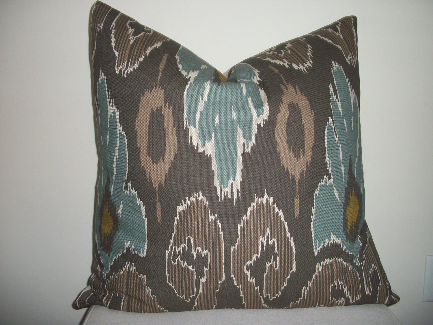 22 x 22 Blue, Brown and Chartreuse Ikat Designer Pillow Cover - Decorative Throw Pillow (Other sizes avail)