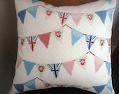 Throw Pillow Queens Diamond Jubilee bunting union jacks nautical roses spots red blue pink London 2012 16 inch cushion cover