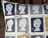 Throw pillow UK vintage Stamps cushion cover silver gold gray grey  black 18 x 18 inches royal  olympics 2012 queens jubilee