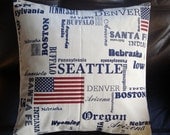 Throw Pillow USA citys states flag One 18 inch red white blue Seattle Oregon Boston Santa Fe Nebraska Denver Wyoming Tennessee Arizona