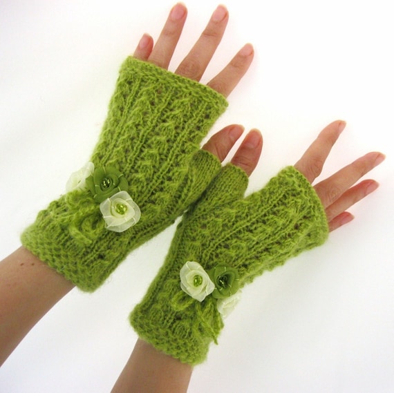 A SENSE OF SPRING...  Lime Green Fingerless Gloves, Wool Mohair Mittens, Arm Warmers with ribbon flowers, Hand Knitted, Eco Friendly