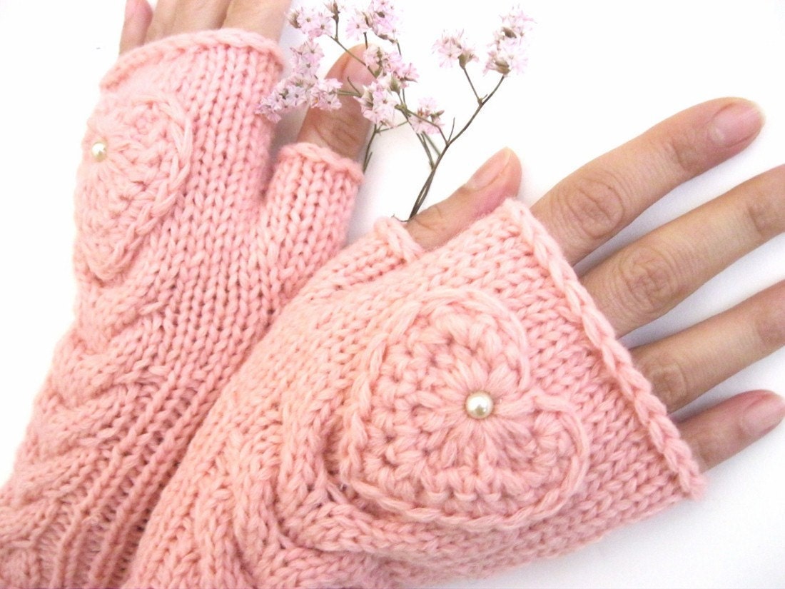 Pink Fingerless Wool Gloves with heart, Mittens, Arm Warmers , Hand Knitted, Eco Friendly