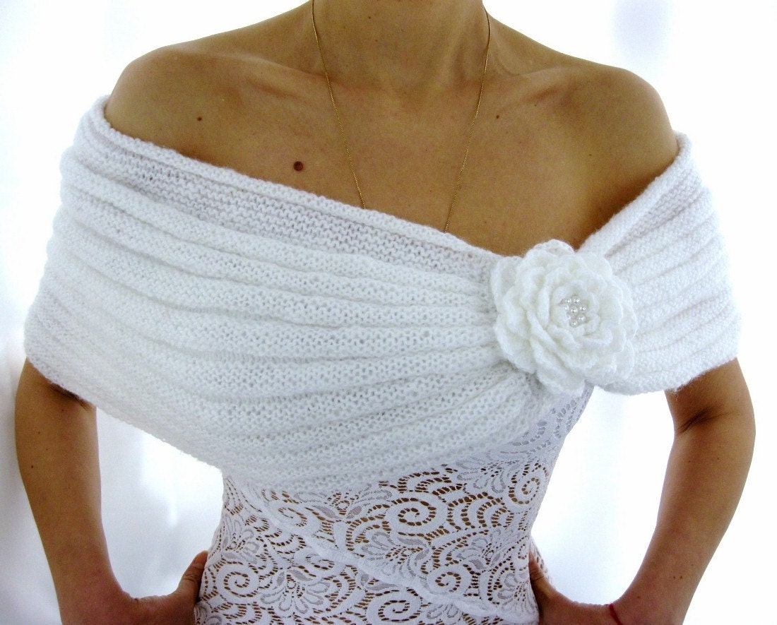 ROMANTIC WHITE...Handmade  Mohair Capelet with a Flower brooch