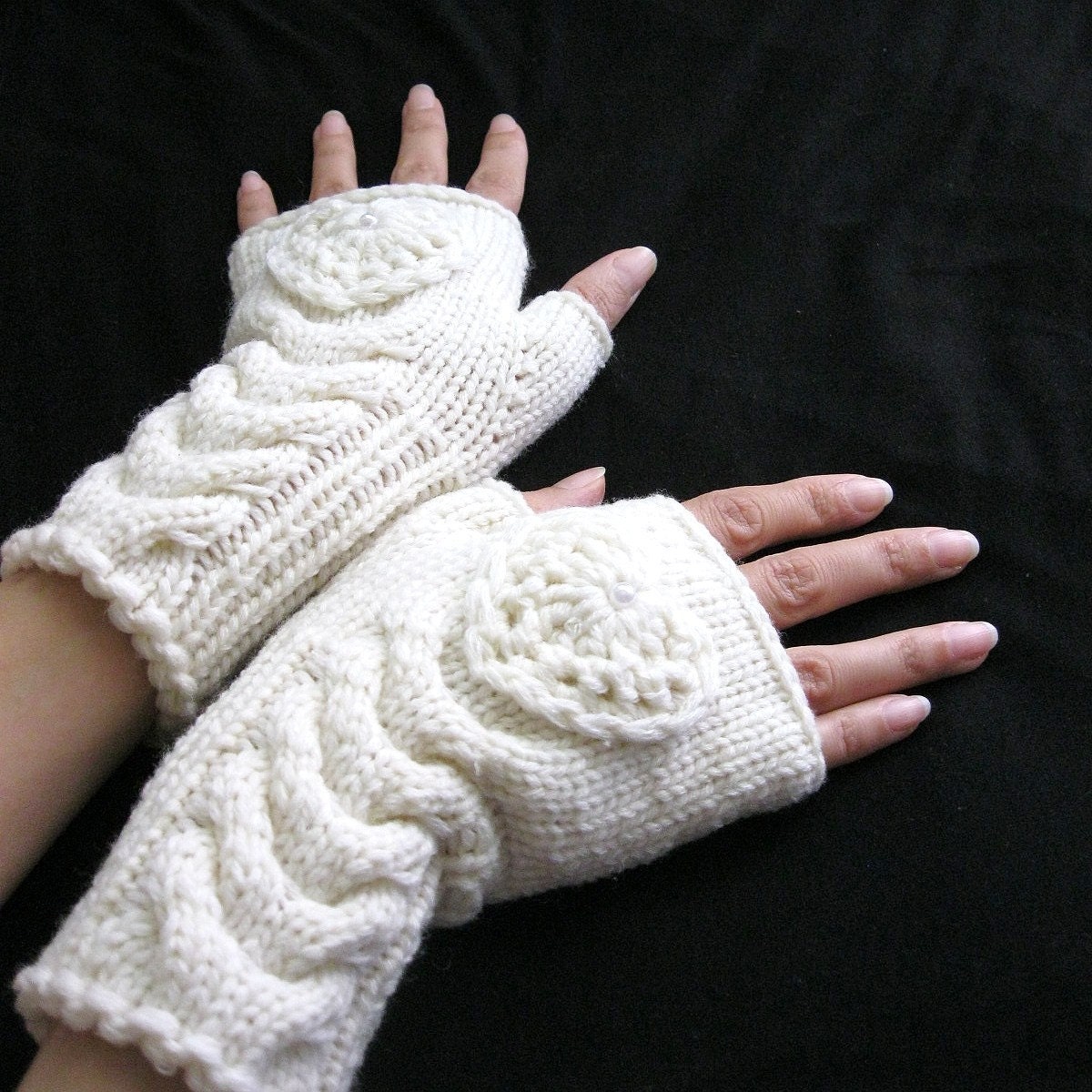 IN LOVE... again... off White/ Ivory Fingerless Gloves, Wool Women Mittens,  Arm Warmers with  crochet hearts, Hand Knitted, eco friendly
