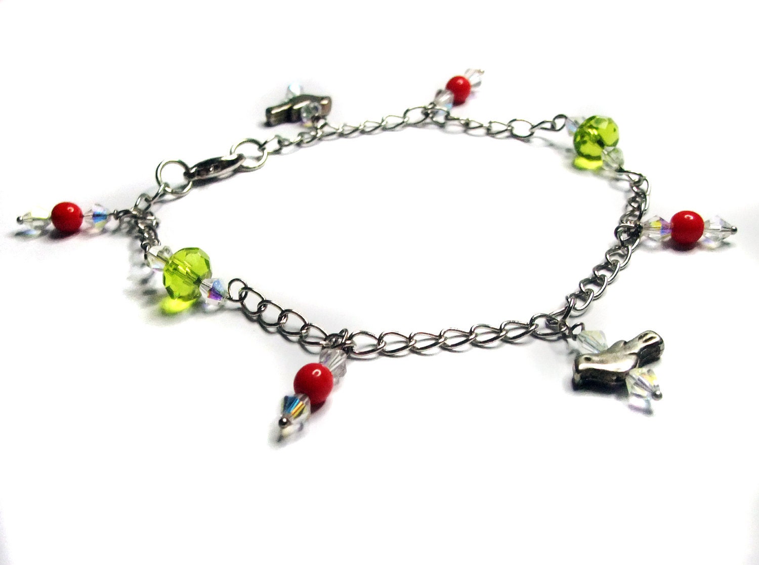 Metal charm anklet red and green- silver plated
