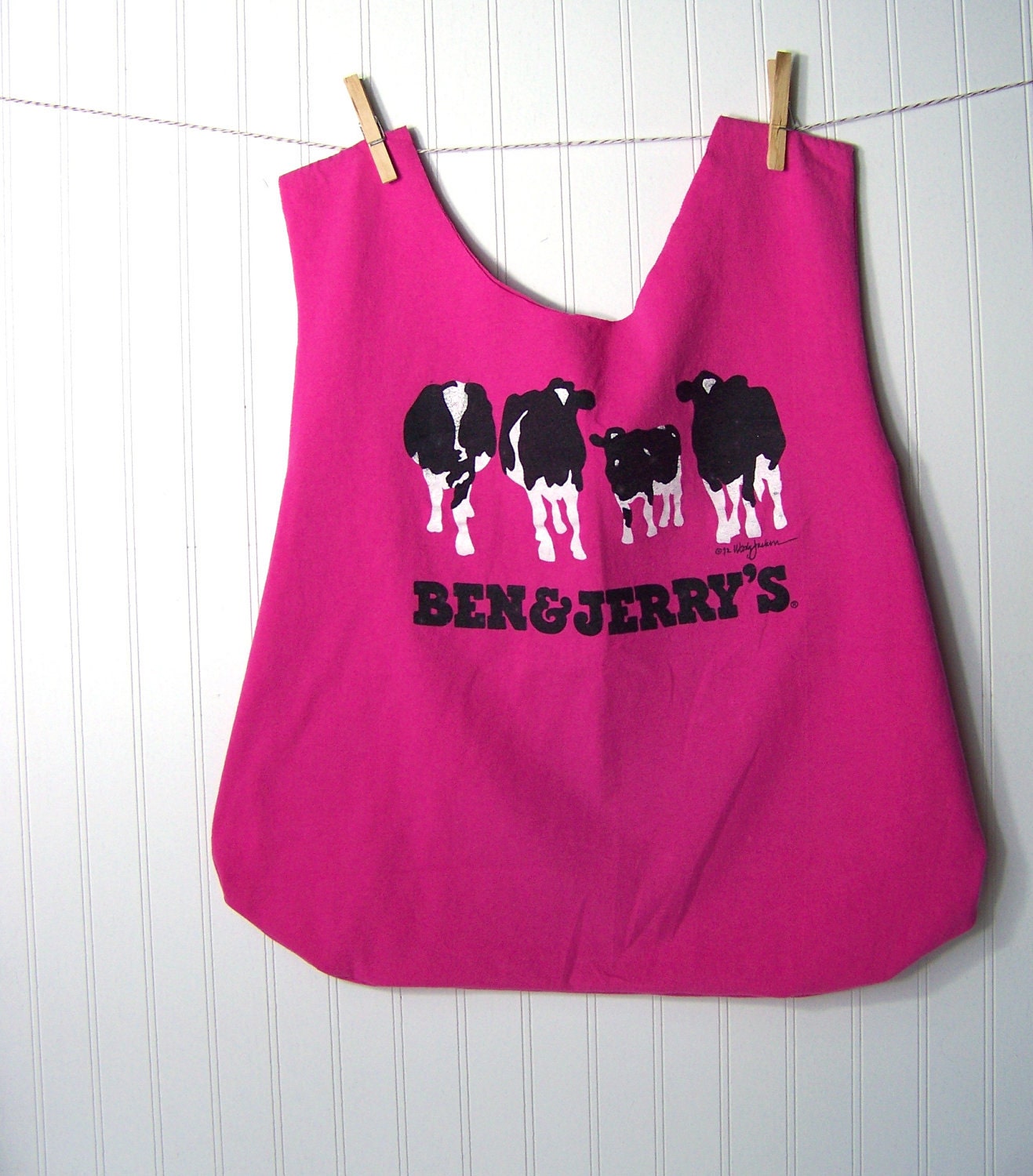 Upcycled bag, reusable grocery bag, Eco gift, Recycled t-shirt bag, Ben & Jerry's Hot Pink Cows