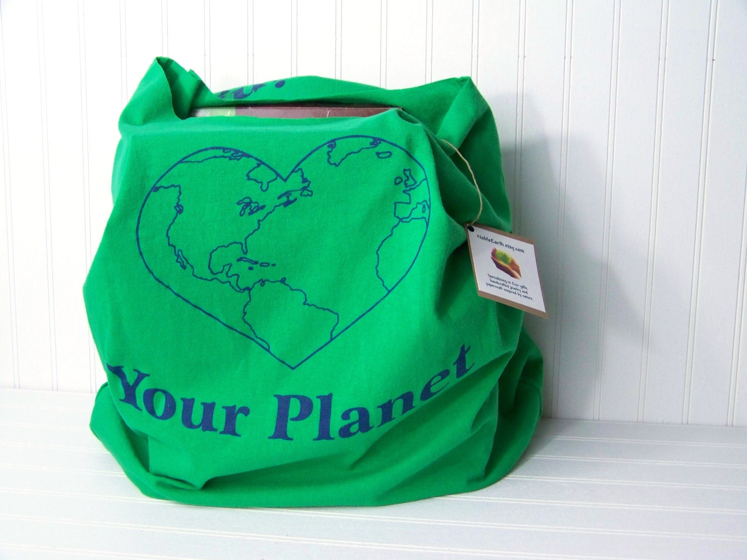 Upcycled bag, Eco-friendly reusable grocery bag, Market Tote, Love your planet green bag