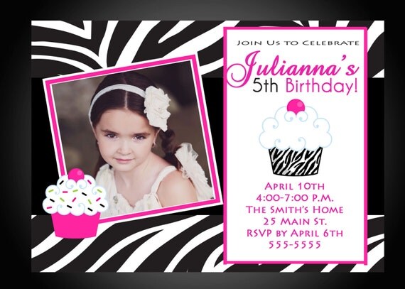 Cupcake Zebra Print Girls Birthday Invitation Il_570xn
