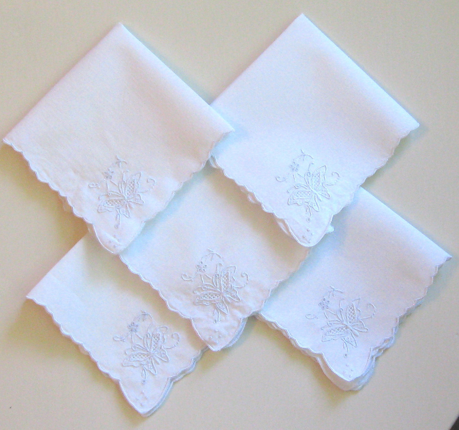 Vintage Cloth Embroidered Napkin Set White with Blue Butterfly Pattern, Scalloped Edges