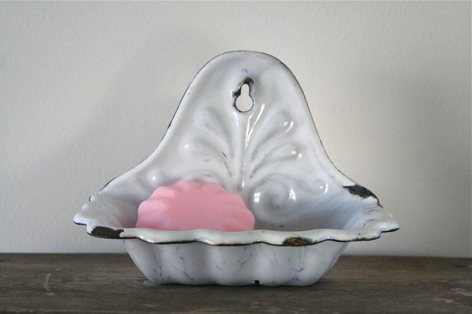 20% Off - Vintage French Enamel Soap Dish in White & Blue Marbled Pattern - Shabby Cottage Chic