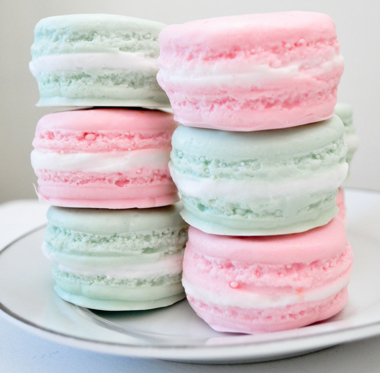 French Macaron Soaps -  2 macaroons - food soap - 5.5 oz - pastel pink and mint green