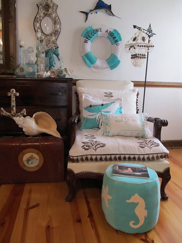 Turquoise "Wait for Me" Nautical Vintage Pillow by searchnrescue