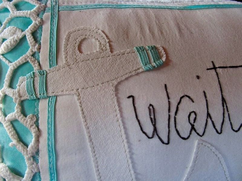 Turquoise "Wait for Me" Nautical Vintage Pillow by searchnrescue