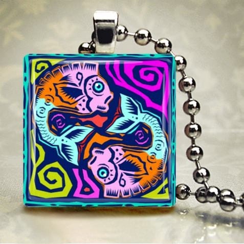 Pisces Sign Necklace on Glass tile - Includes 925 plated over bronze chain-- Buy 3 and get 1