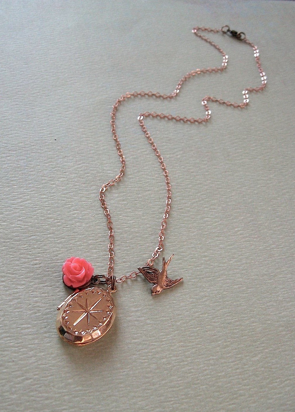 Vintage Brass Locket Charm Necklace - Swallow and Locket Necklace - Vintage Brass Chain