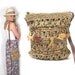 A Tiny Safari. Vintage Woven Straw Petite Cross-Body Woven Straw Bag with Wooden Animals.