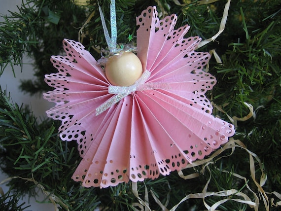 Angel Christmas Tree Ornament Pink Paper Lace Ribbon Angel Christmas Ornament