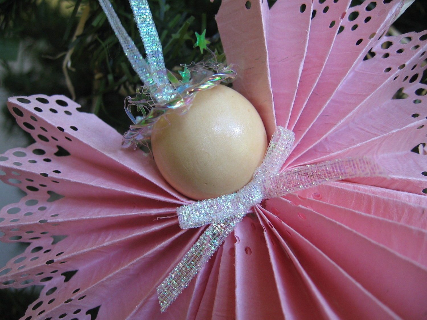 Angel Christmas Tree Ornament Pink Paper Lace Ribbon Angel Christmas Ornament