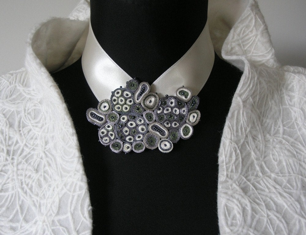 Textile Necklace Grey White - Fabric Pendant - Statement Necklace - Cloud Design - OOAK Ready to ship