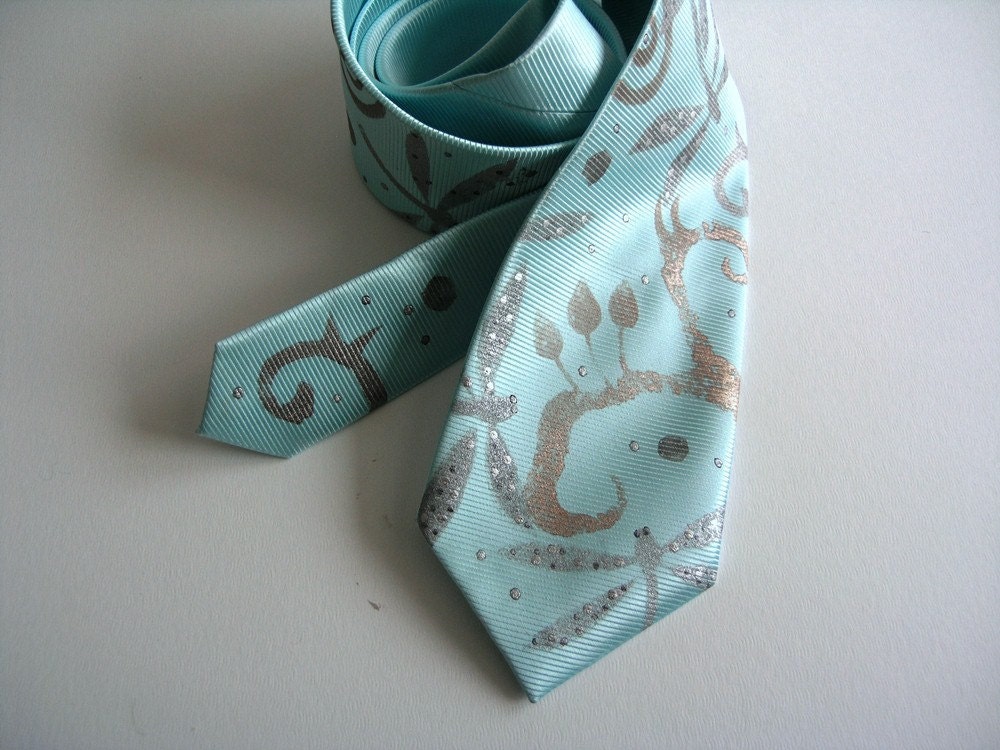 Men Necktie Green Turquoise - Men Tie Blue Mint Dragonfly Design Handpainted - OOAK To Ship