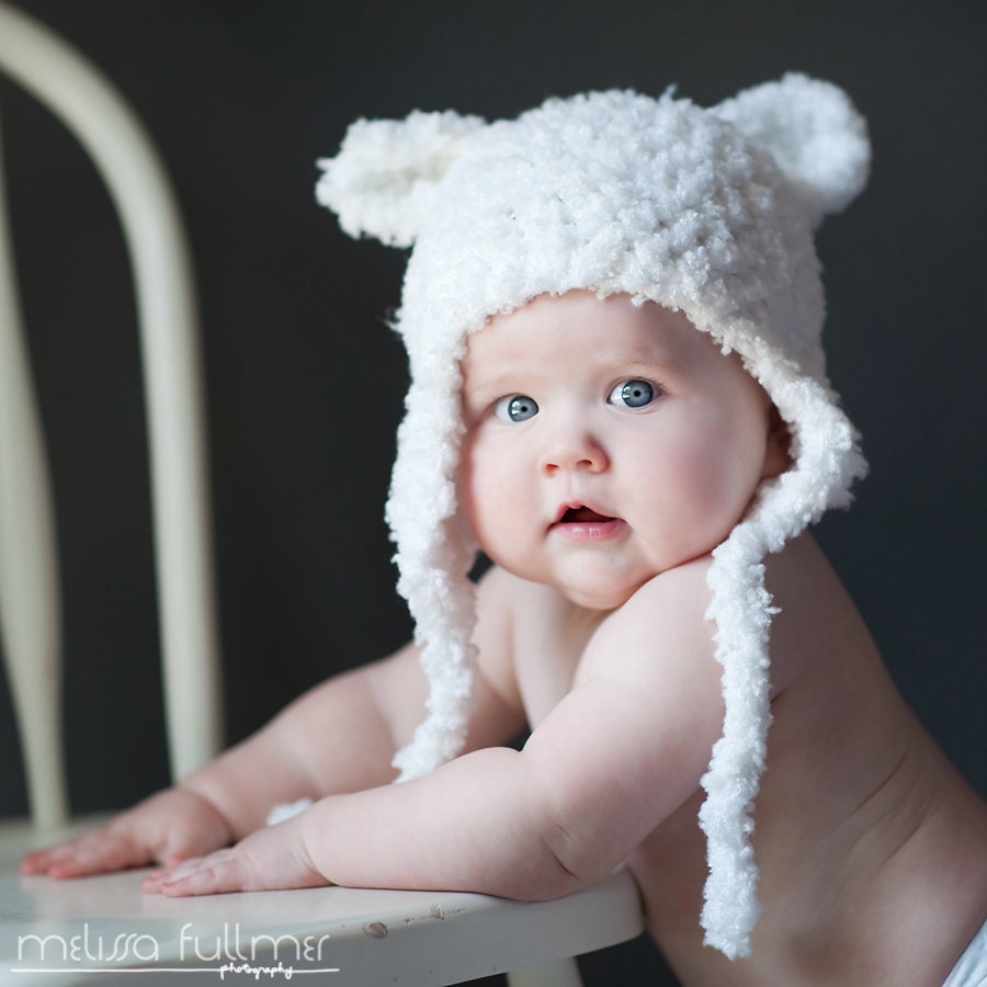 Adorable Fuzzy Teddy Bear Earflap Beanie in white - Newborn or 3-6 month