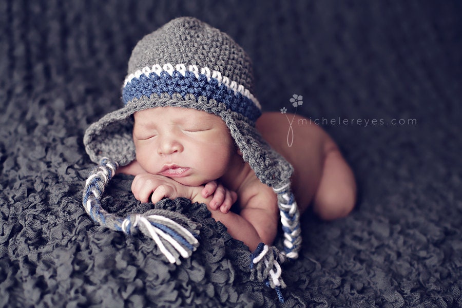 Crochet Earflap Beanie True Grey, White, and Dark Country Blue- newborn, baby, toddler, child sizes- colors customizable