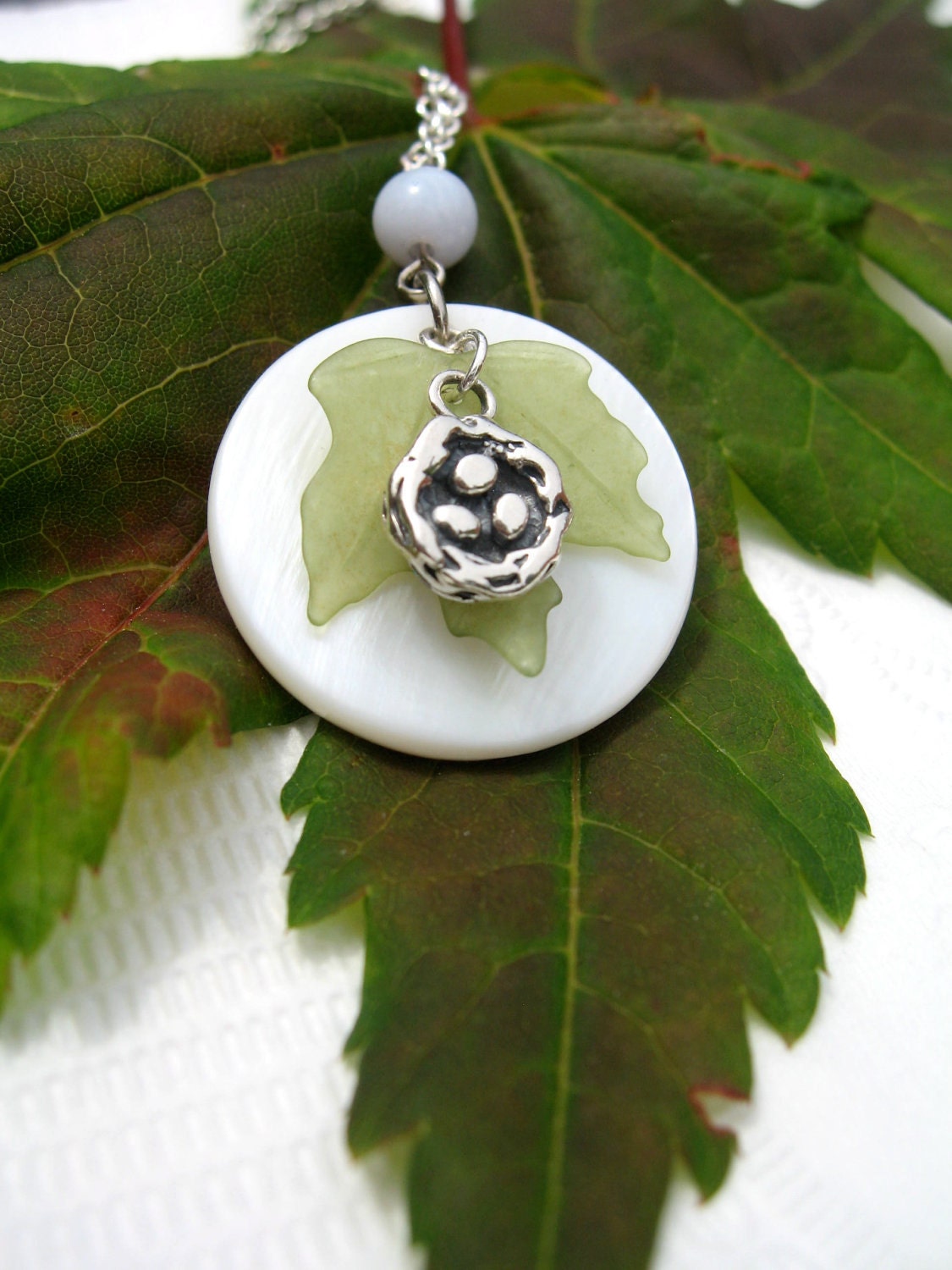 Full Moon Necklace - Birds Nest silver pendant necklace- Amazonite, pearl, lucite maple leaf and sterling silver