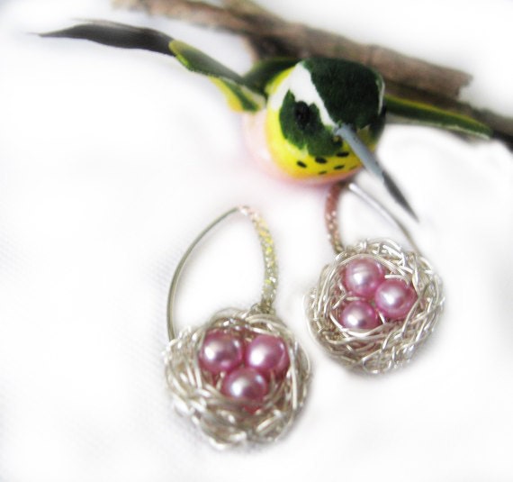 Small Bird's Nest Earrings, Sterling silver, Bubblegum Pink Pearls bird nest jewelry