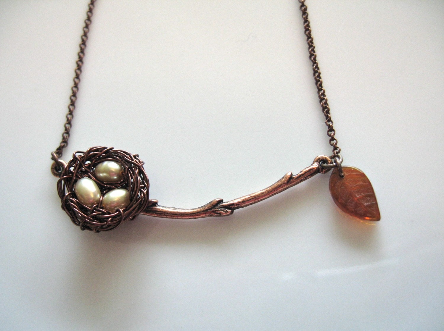 Twig Branch Necklace, Brass Bird Nest with Champaign Pearl Eggs on a Tree Branch with a falling Leaf Family Tree