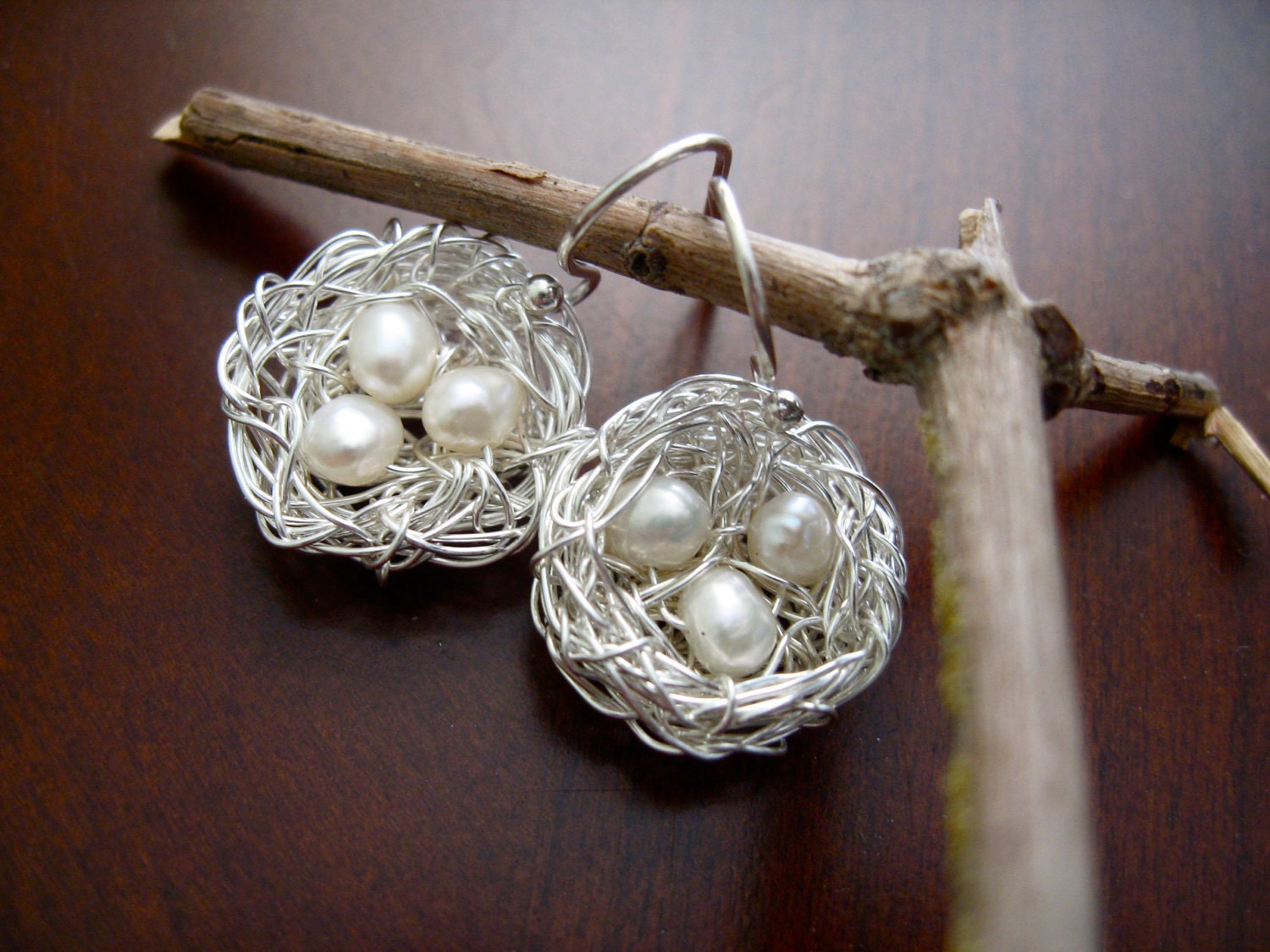 Easter egg earrings, Birds Nest Earrings 3 white pearls egg nest and silver, Easter
