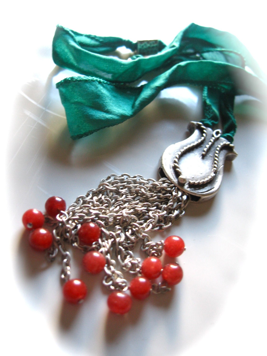 Silver Tulip Necklace Turkish Ottoman Style Women's Jewelry on Green Silk Ribbon