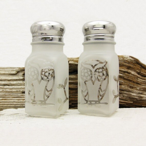Owl Salt and Pepper Shakers Etched Glass