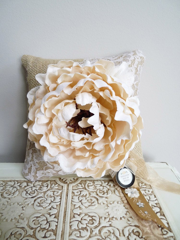 Burlap and Lace Ring Bearer Pillow with Ivory Peony