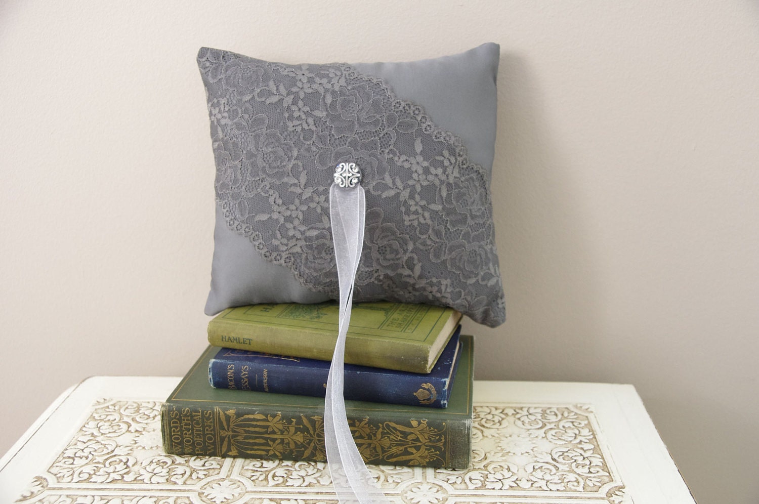 Reserved for Ashley - Ring bearer pillow - romantic and chic with gray satin and lace