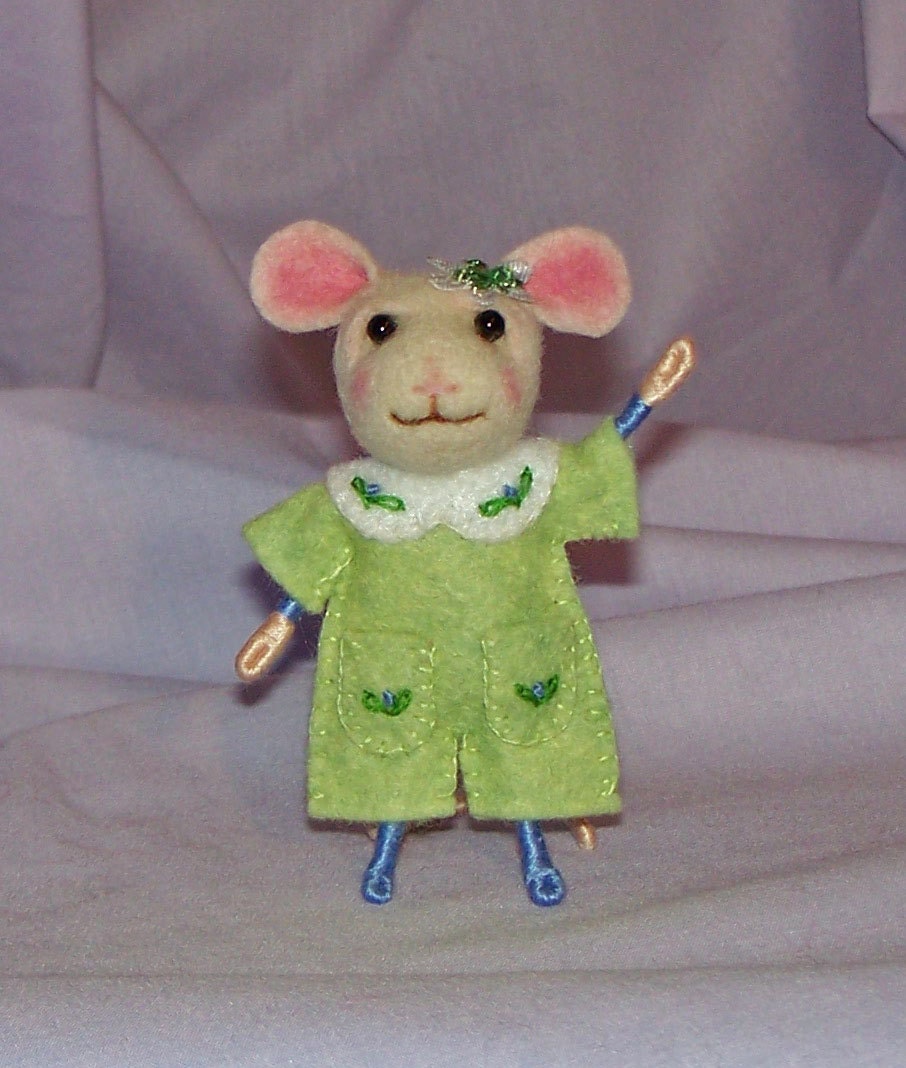Needle Felted Mouse Dressed in Light Green with Blue Accents - FREE SHIPPING to US and Canada