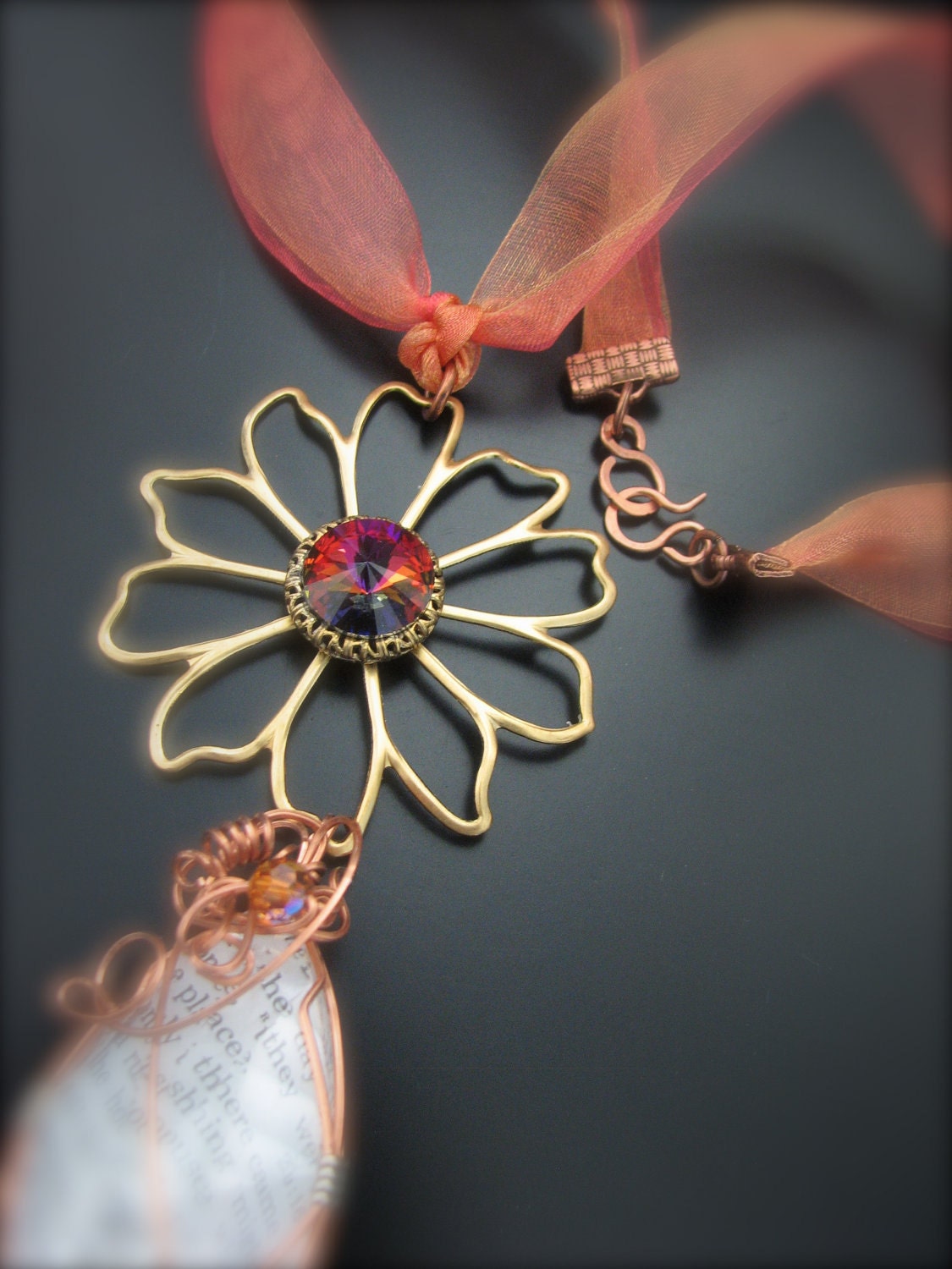 Coreopsis Flower Chandelier Organdy Ribbon Pendant Wire Wrapped Art Necklace
