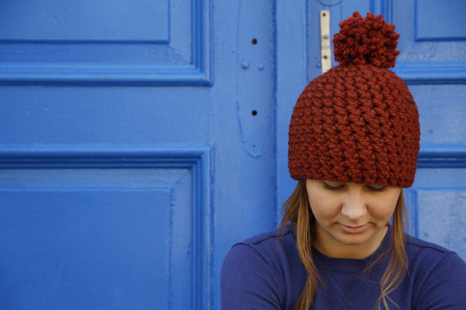 Fitted Burnt Red Thick Hat With Pom Pom