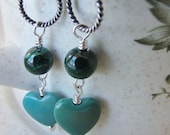 Ladies Turquoise sterling silver earrings, dangles, malachite, green turqiouse heart dangles