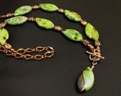 Sweet bay in the Wind Necklace chrysoprase and copper, chain and toggle clasp,wirewrapped pendant,