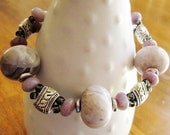 Bracelet  lavender lepidolite and agate beaded , sterling silver and bali beads,  tribal toggle clasp