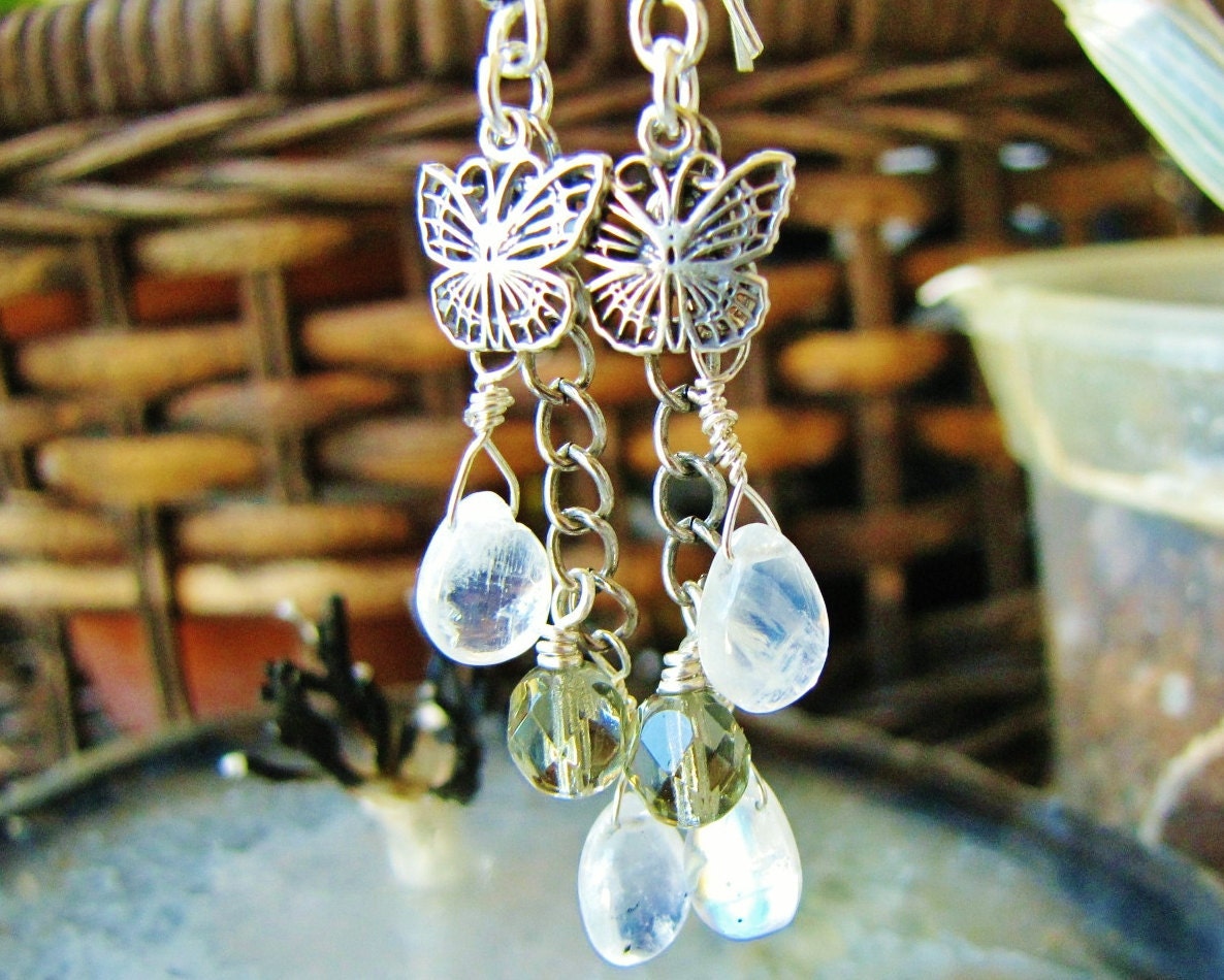 Gorgeous moonstone briolette wirewrapped earrings, antiqued silver earrrings,butterfly charms